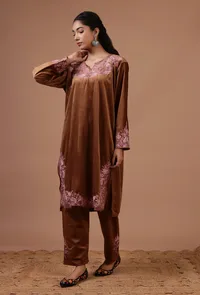 Chocolate Brown Velvet Ari Embroidered Kurta, Pant And Dupatta Set- Free Size image 4