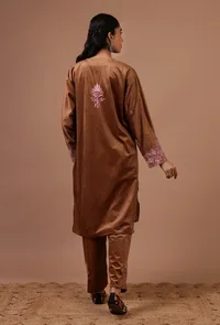 Chocolate Brown Velvet Ari Embroidered Kurta, Pant And Dupatta Set- Free Size image 5
