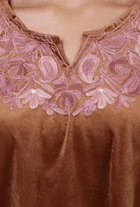 Chocolate Brown Velvet Ari Embroidered Kurta, Pant And Dupatta Set- Free Size image 6