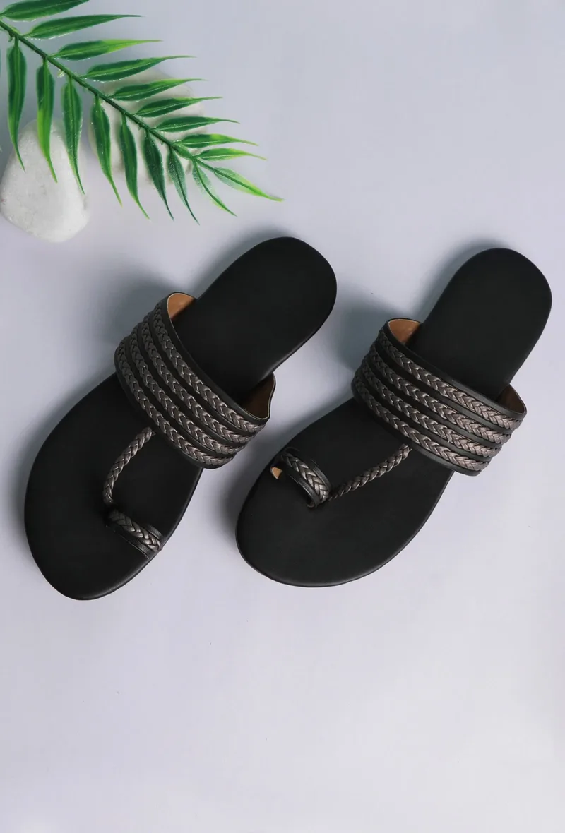 Black Knotted Cruelty Free Leather Kolhapuri Inspired