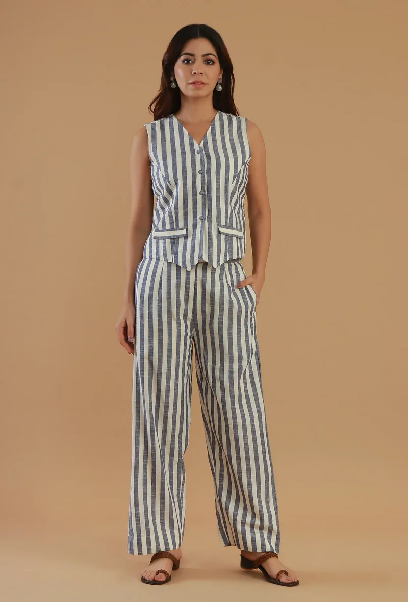 Set of 2: Blue & Off-White Striped Sleeveless Button-Down Cotton Top and Wide-Leg Pant Co-Ord Set