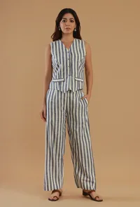 Set of 2: Blue & Off-White Striped Sleeveless Button-Down Cotton Top and Wide-Leg Pant Co-Ord Set image 1
