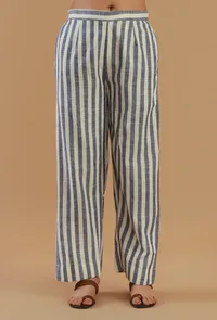Set of 2: Blue & Off-White Striped Sleeveless Button-Down Cotton Top and Wide-Leg Pant Co-Ord Set image 4