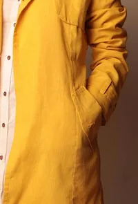 Yellow Cotton Linen Front Open Trench Coat With Metallic Embellishments image 2