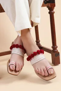 Tawny Brown Ikat One Toe Cruelty Free Leather Flats With Red Pom Pom image 1