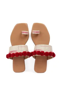 Tawny Brown Ikat One Toe Cruelty Free Leather Flats With Red Pom Pom image 2