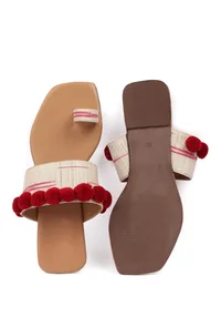 Tawny Brown Ikat One Toe Cruelty Free Leather Flats With Red Pom Pom image 3