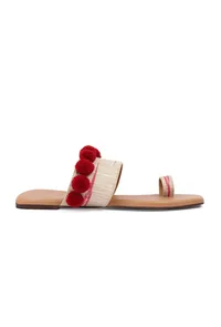 Tawny Brown Ikat One Toe Cruelty Free Leather Flats With Red Pom Pom image 5