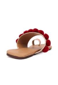Tawny Brown Ikat One Toe Cruelty Free Leather Flats With Red Pom Pom image 6