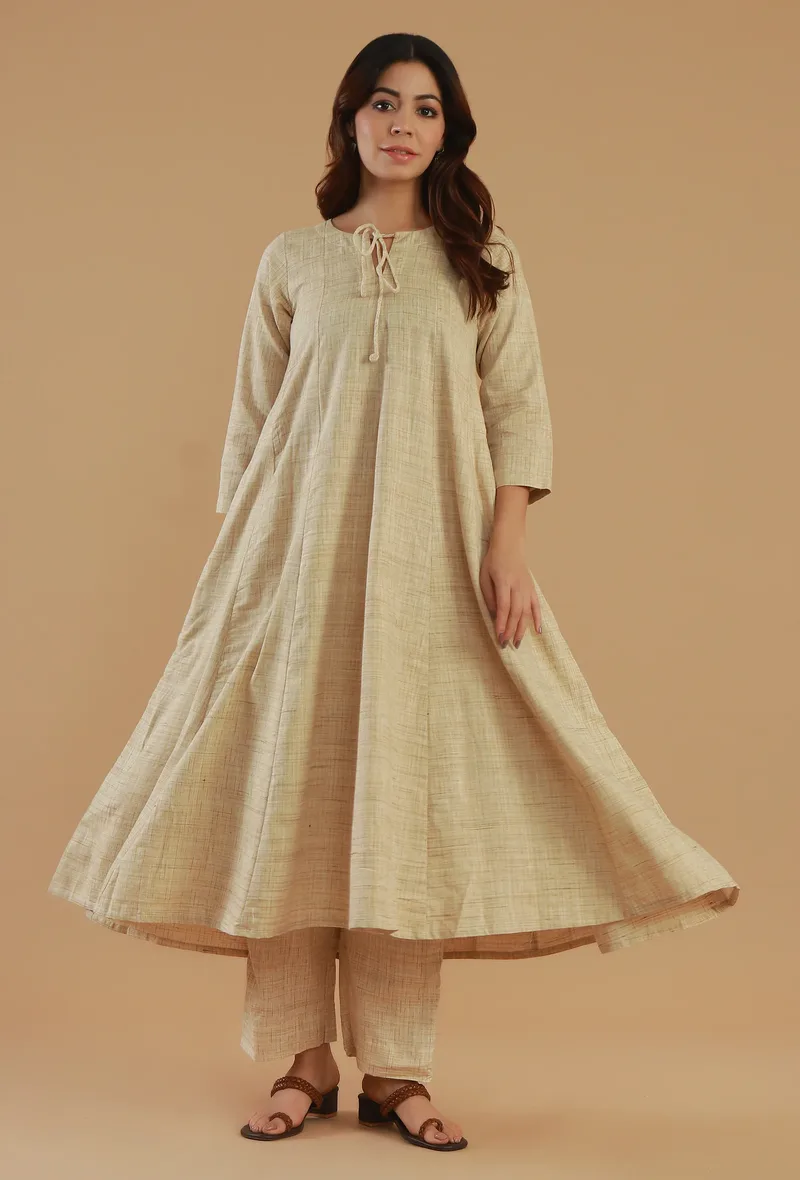 Set of 2: Beige Woven Textured Cotton Tie-Up Flared Kurta and Straight Pant Set