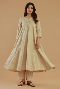 Set of 2: Beige Woven Textured Cotton Tie-Up Flared Kurta and Straight Pant Set image 1