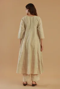 Set of 2: Beige Woven Textured Cotton Tie-Up Flared Kurta and Straight Pant Set image 3