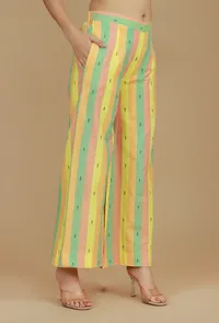 Lime Green & Yellow Striped Cotton Viscose Pants image 2