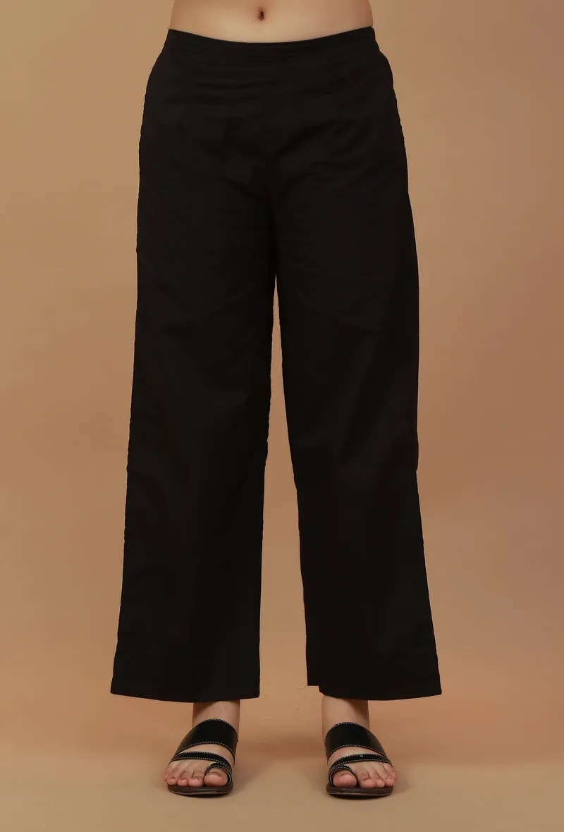 Solid Black Straight Cotton Pants