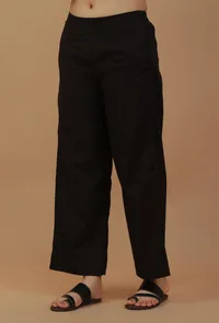 Solid Black Straight Cotton Pants image 2