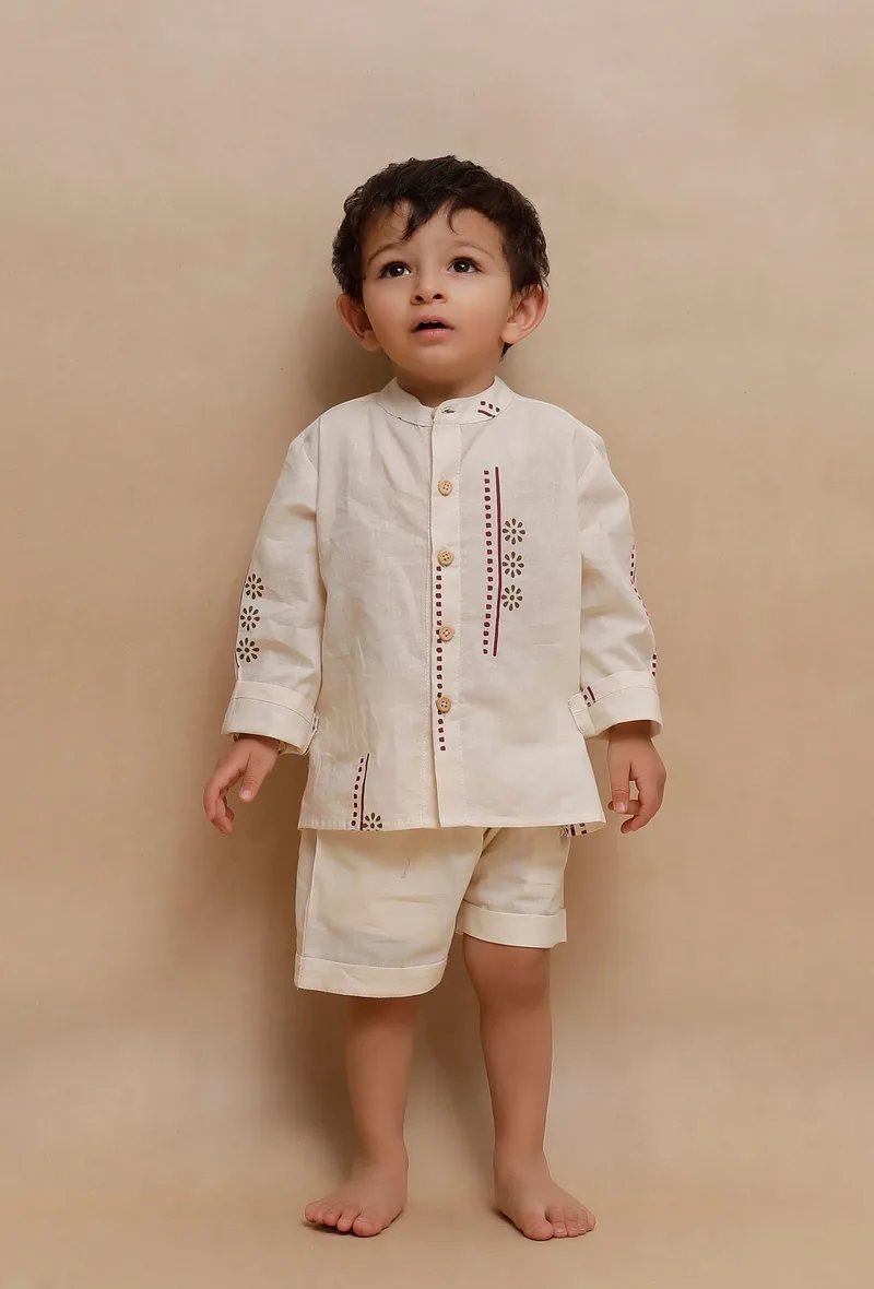 Set of 2: Beige floral abstract Printed Shirt and Beige Short