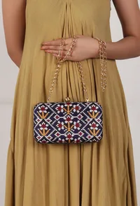 Sitara Blue & Multi Patola Print Rectangular Box Clutch image 1