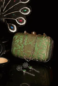 Parrot Green Brocade Box Clutch with Sling (8 X 2 X 4.5) image 1