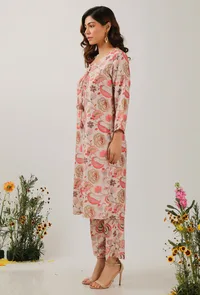 Set Of 2: Ambi Floral Chintz Straight Kurta With Narrow Fit Pants image 2