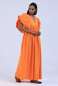 Women Orange Cotton V-Neck Ruffle Sleeve Dresses image 3