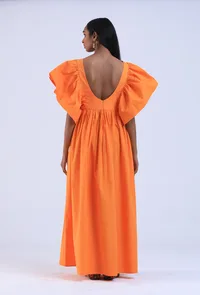 Women Orange Cotton V-Neck Ruffle Sleeve Dresses image 4