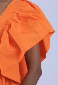 Women Orange Cotton V-Neck Ruffle Sleeve Dresses image 5