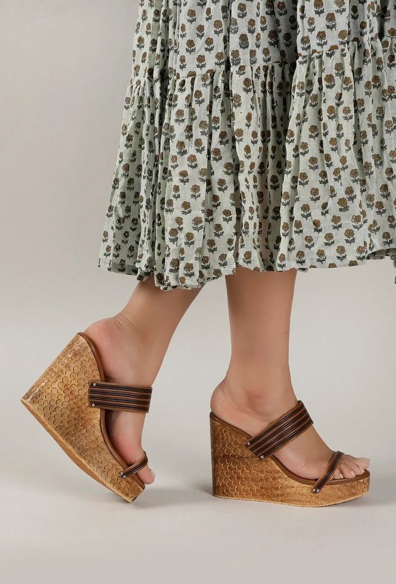 Penny Brown Wooden Carved textured Platform Wedges