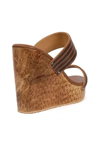 Penny Brown Wooden Carved textured Platform Wedges image 6