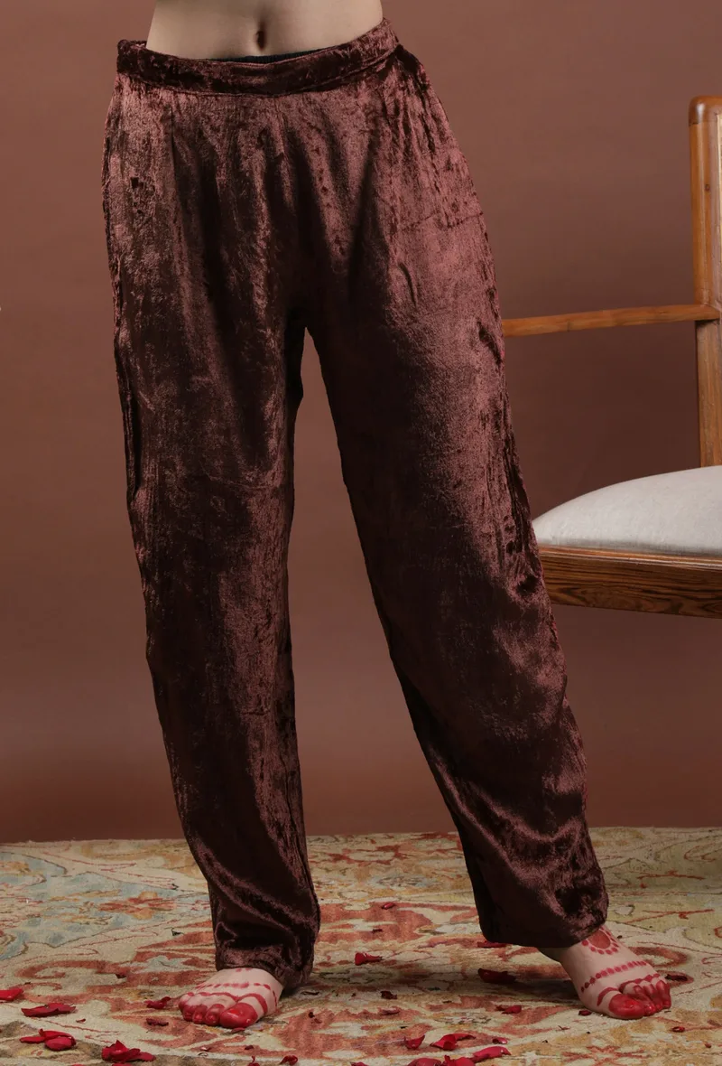 Saima Solid Rust Velvet Narrow Fit Pants