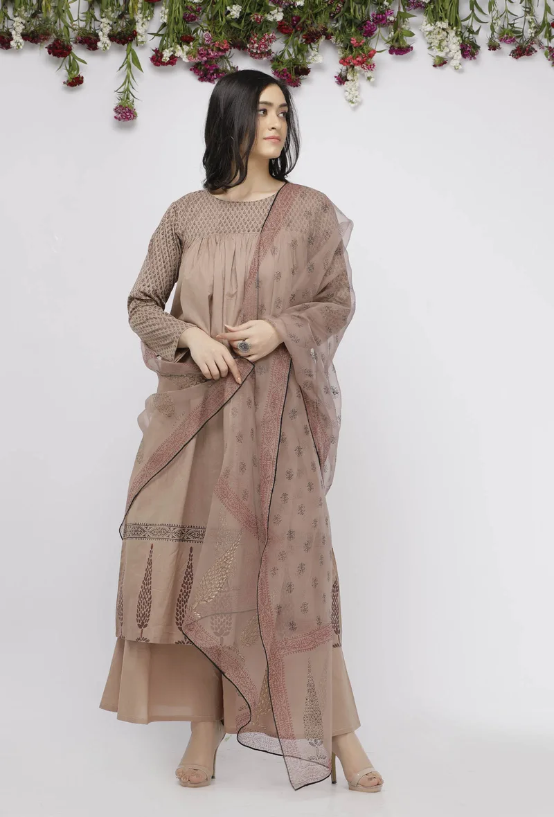 Set of 3: Beige Cotton  Hand-Block Printed Anarkali  Paired with Palazzo and Kota Hand-Block Printed Dupatta