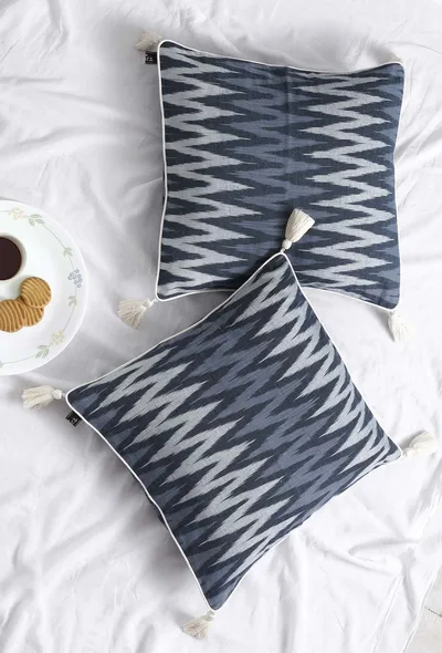 Set of 2: Prussian Blue Ikat Cotton Cushion Covers