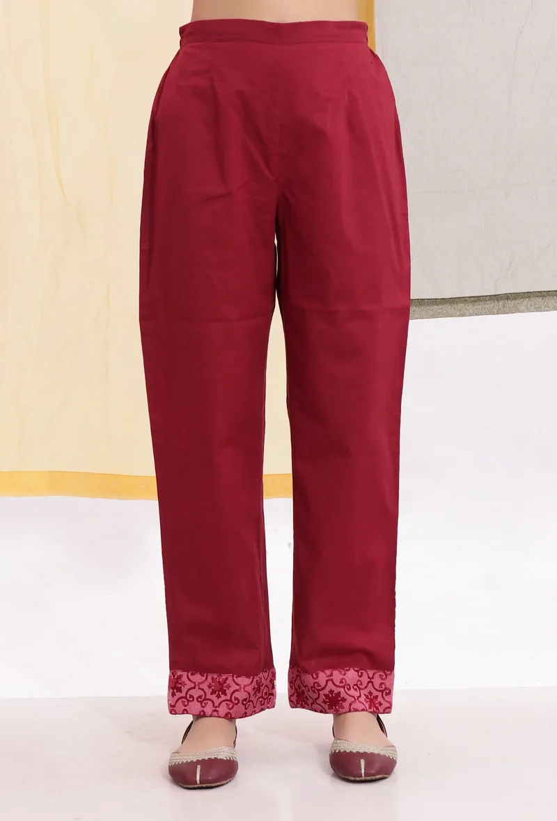 Carmine Red Cotton Straight Pants With Brasso Organza Border
