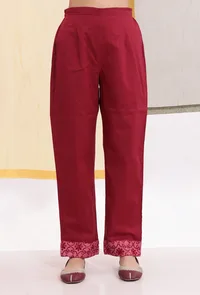 Carmine Red Cotton Straight Pants With Brasso Organza Border image 1