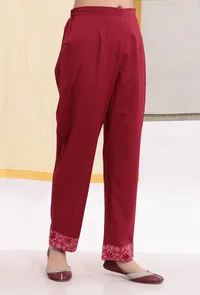 Carmine Red Cotton Straight Pants With Brasso Organza Border image 2