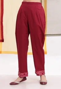 Carmine Red Cotton Straight Pants With Brasso Organza Border image 3