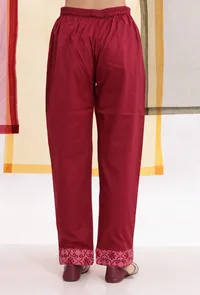 Carmine Red Cotton Straight Pants With Brasso Organza Border image 4