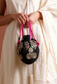 Onyx Black Dupion Silk Potli with Pink Strings image 1
