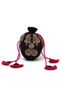 Onyx Black Dupion Silk Potli with Pink Strings image 2