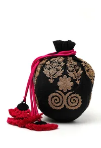 Onyx Black Dupion Silk Potli with Pink Strings image 3
