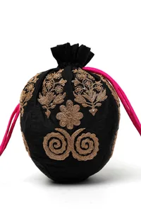 Onyx Black Dupion Silk Potli with Pink Strings image 4