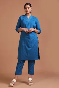 Set Of 2: Blue Cotton Solid Plain Kurta & Pant Set image 1