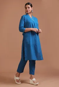Set Of 2: Blue Cotton Solid Plain Kurta & Pant Set image 3