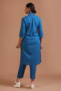 Set Of 2: Blue Cotton Solid Plain Kurta & Pant Set image 4