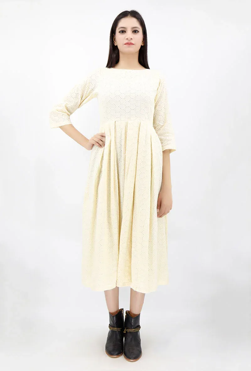 Off White Schiffli Cotton Mid-Calf Length Dress