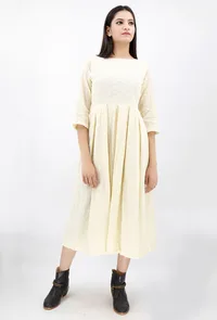 Off White Schiffli Cotton Mid-Calf Length Dress image 2