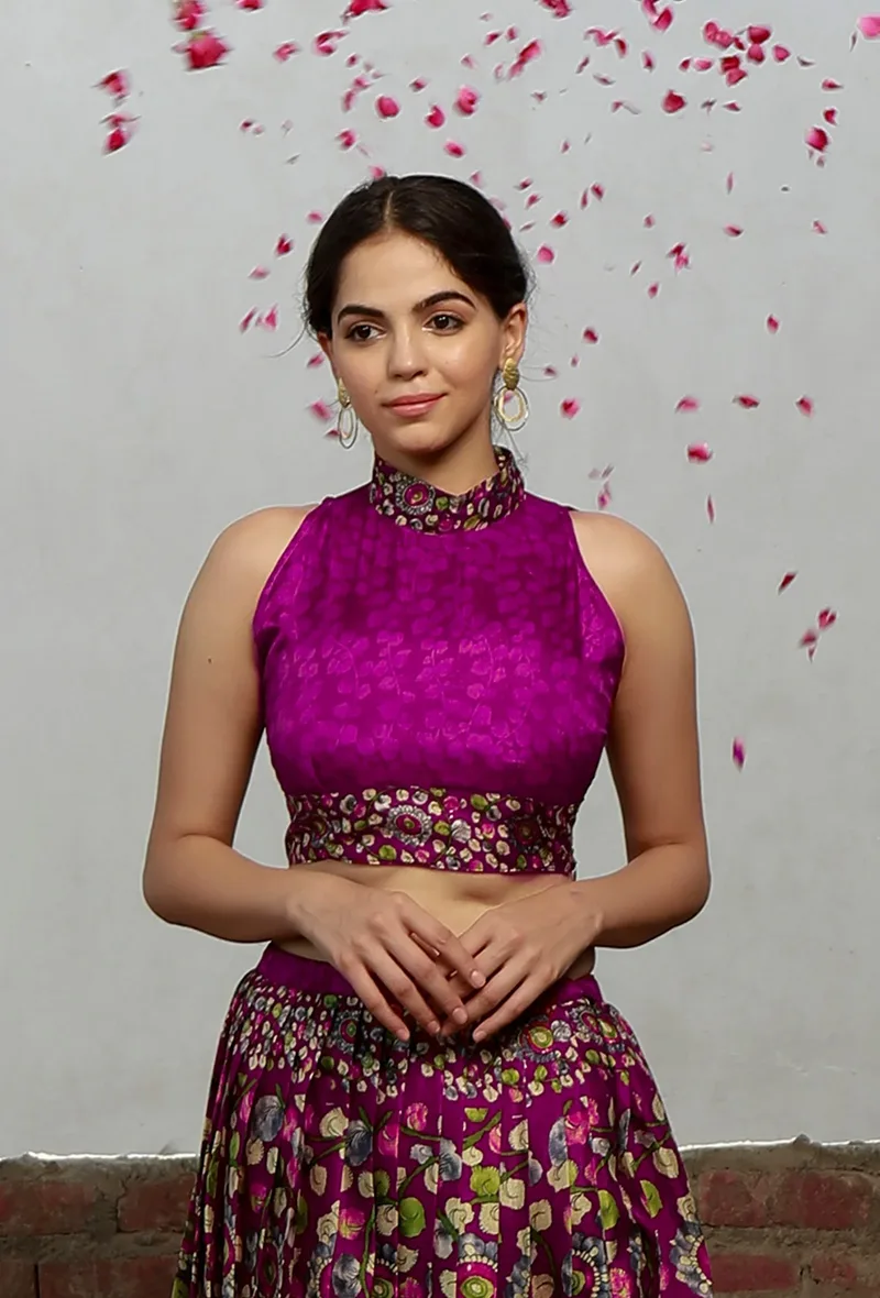 Plum Kalamkari Printed Cotton Silk High Neck Crop Blouse