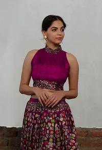 Plum Kalamkari Printed Cotton Silk High Neck Crop Blouse image 2