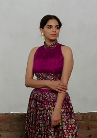 Plum Kalamkari Printed Cotton Silk High Neck Crop Blouse image 3