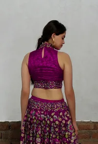Plum Kalamkari Printed Cotton Silk High Neck Crop Blouse image 4