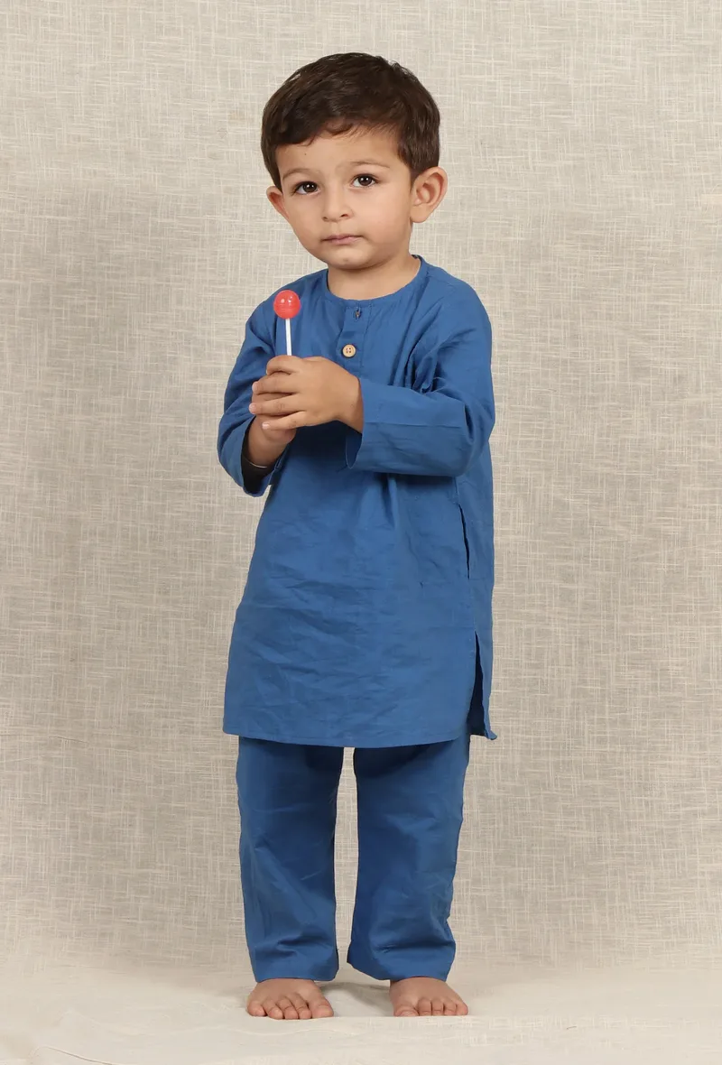 Set Of 2: Asher Blue Cotton Kurta & Pyjama